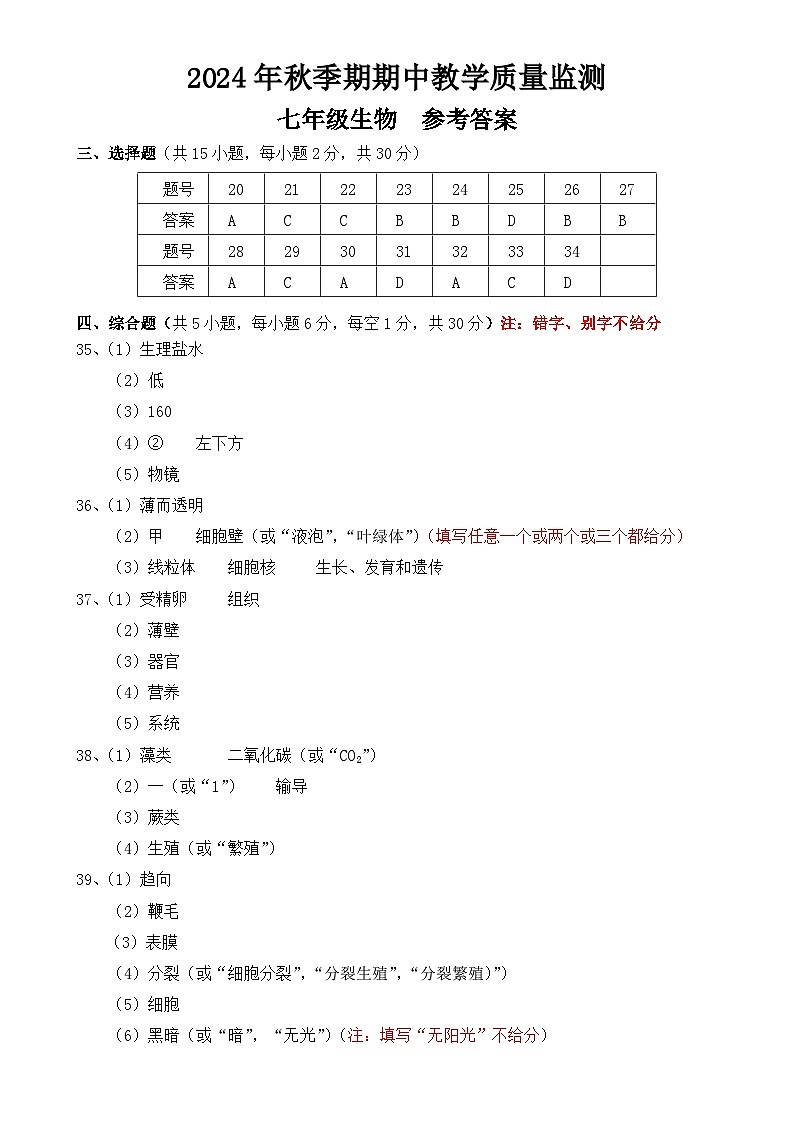 2024年秋季期期中质量监测七年级生物参考答案第1页