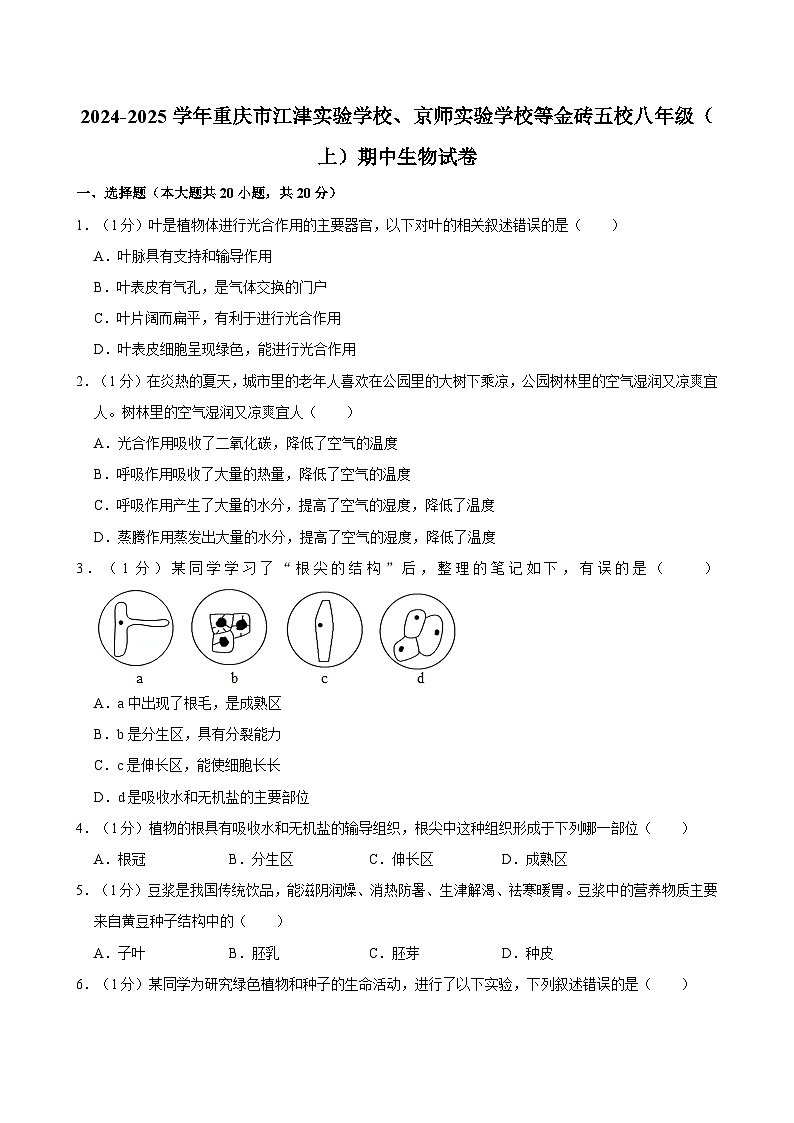 重庆市江津实验中学、京师实验学校等金砖五校2024-2025学年八年级上学期期中联考生物试卷第1页