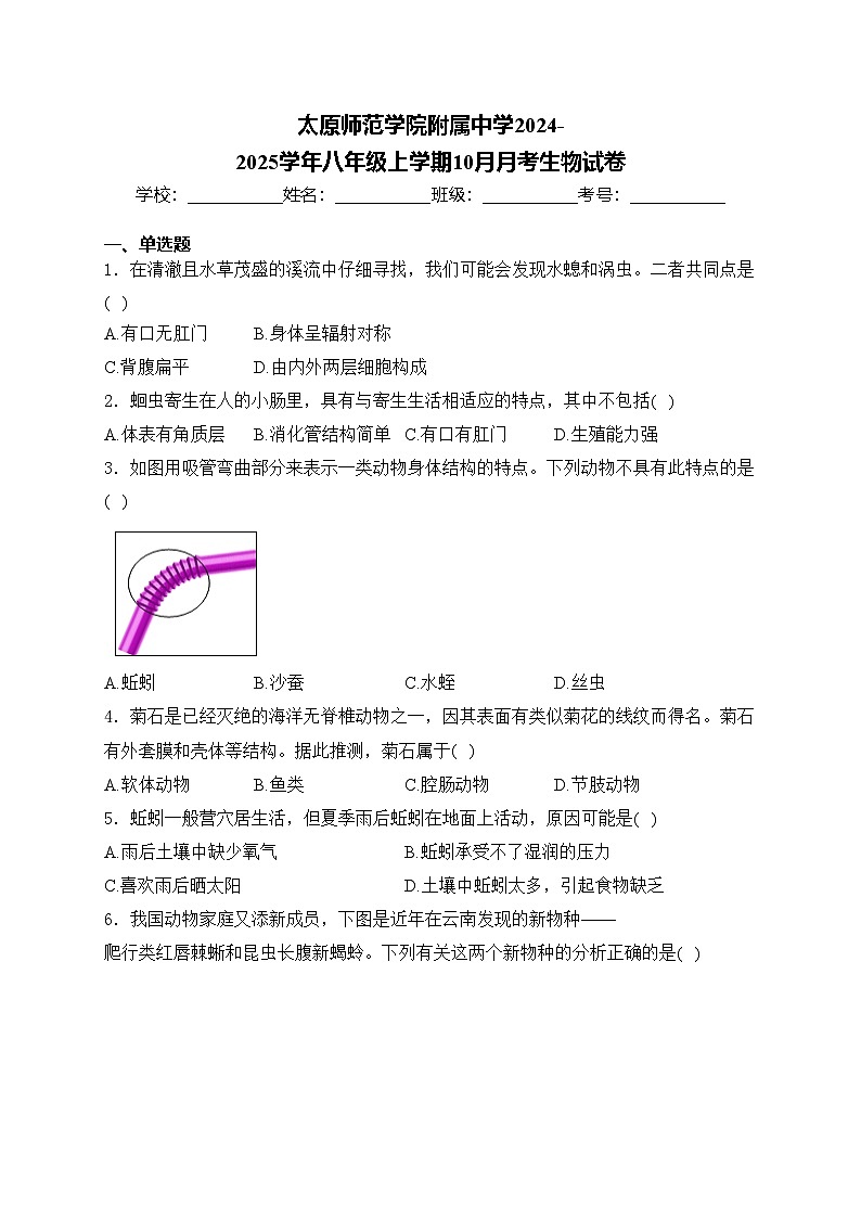 太原师范学院附属中学2024-2025学年八年级上学期10月月考生物试卷(含答案)第1页