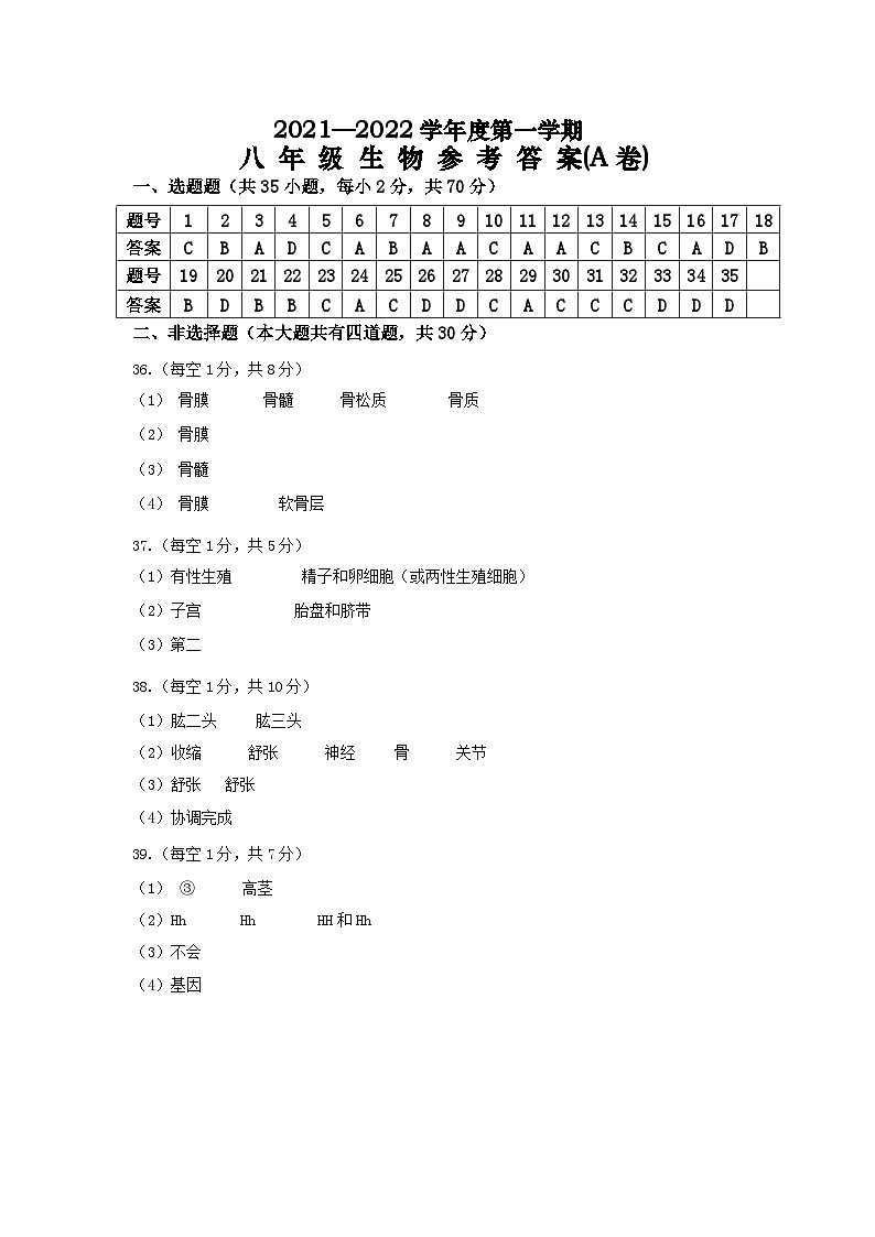 八年级  生物参考答案（A）第1页