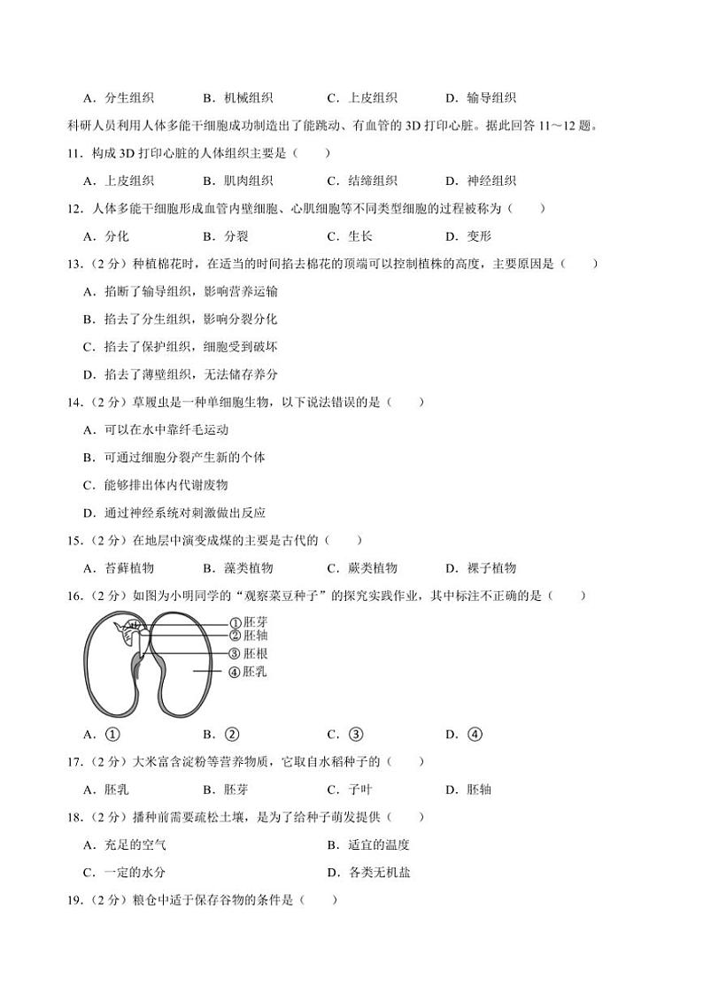 2024～2025学年福建省福州市十九中七年级(上)期中生物试卷(原卷版＋解析版)第2页