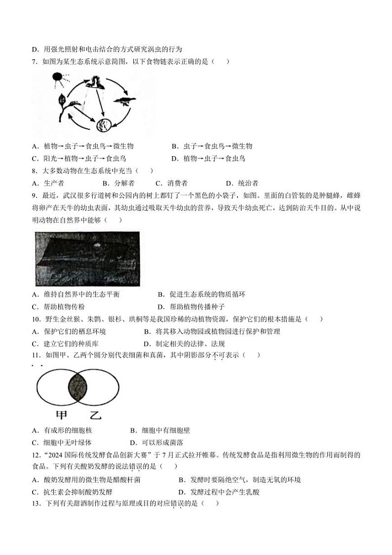 2024～2025学年广东省清远市连州市八年级(上)期中生物试卷(无答案)第2页