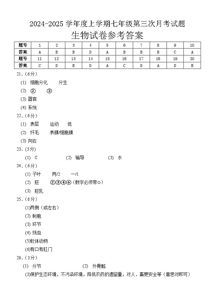 七年级生物答案第1页