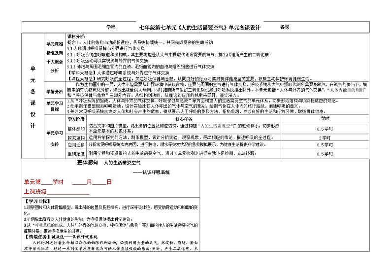 3.2++人的生活需要空气++教学设计-2023-2024学年济南版生物七年级下册第1页