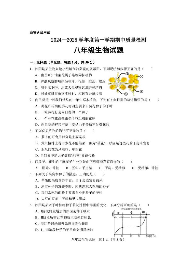 2024～2025学年山东省济南市东南片区八年级(上)期中生物试卷(含答案)第1页