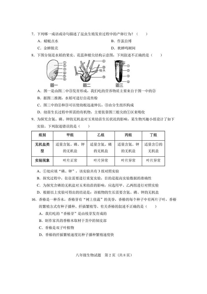 2024～2025学年山东省济南市东南片区八年级(上)期中生物试卷(含答案)第2页