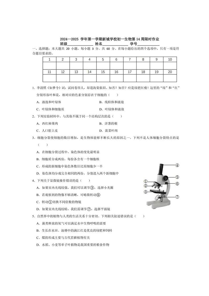 2024～2025学年广东省东莞市常平镇新城学校七年级(上)第14周限时生物作业试卷(含答案)第1页