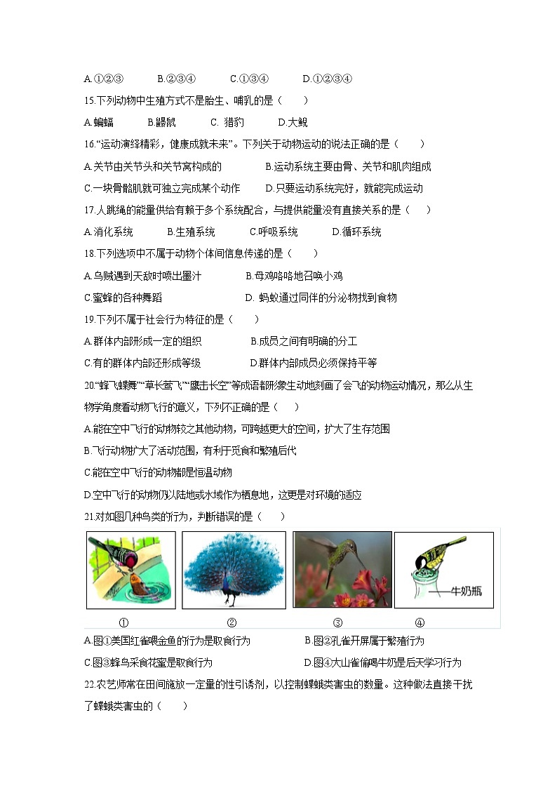 云南省楚雄州双柏县2024—2025学年上学期期中教育学业质量监测八年级生物试卷第3页