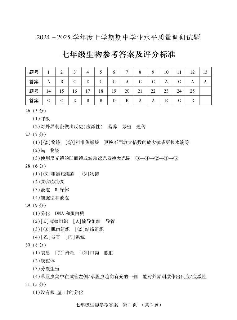 2024七生物上期中答案第1页