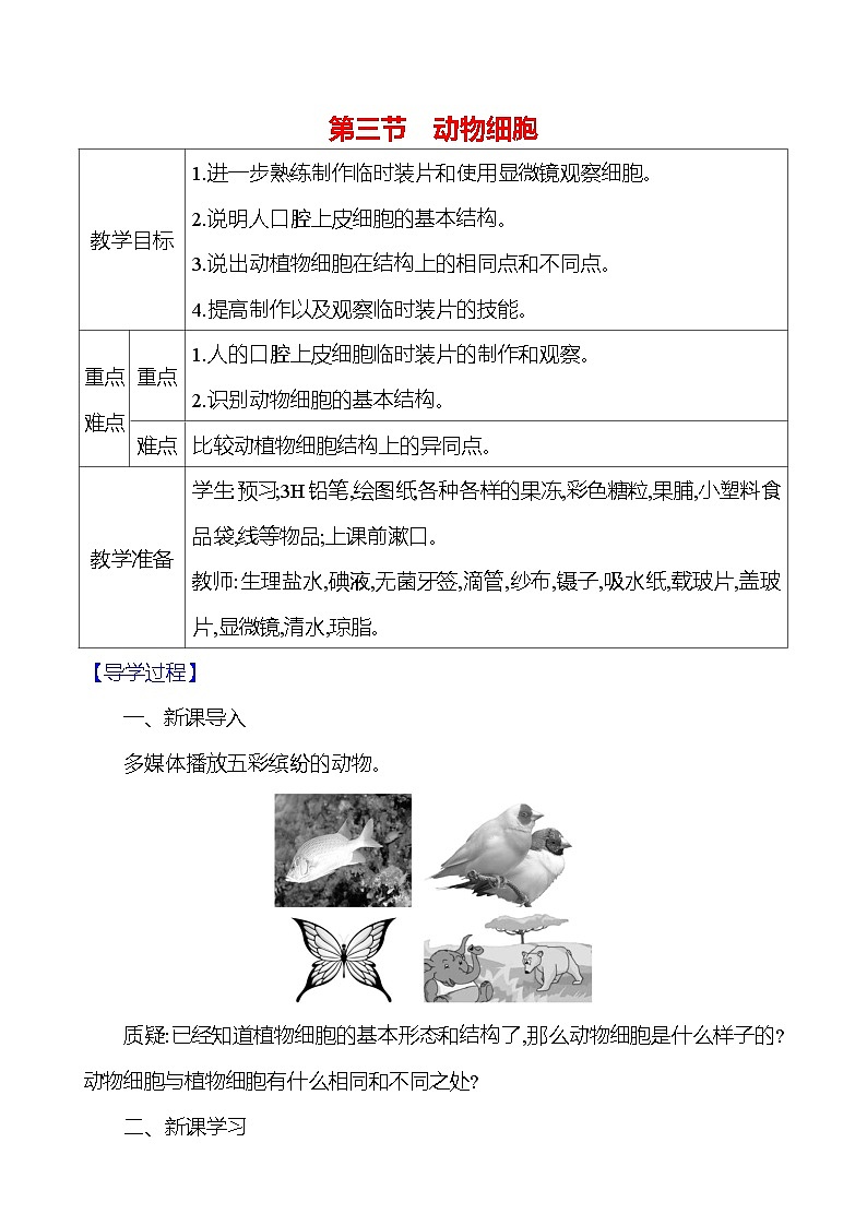 人教版生物七年级上册 1.2.3  动物细胞   教案第1页