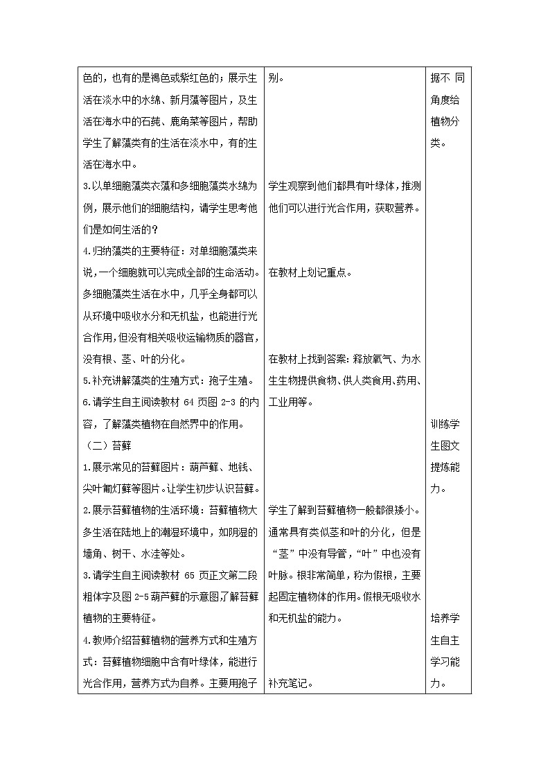 人教版生物七年级上册 2.1.1 藻类、苔藓和蕨类植物 教案（表格式）第2页