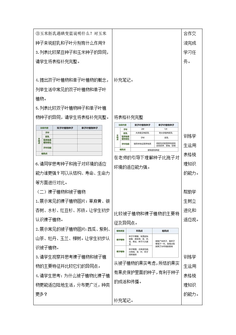 人教版生物七年级上册 2.1.2 种子植物 教案（表格式）第2页