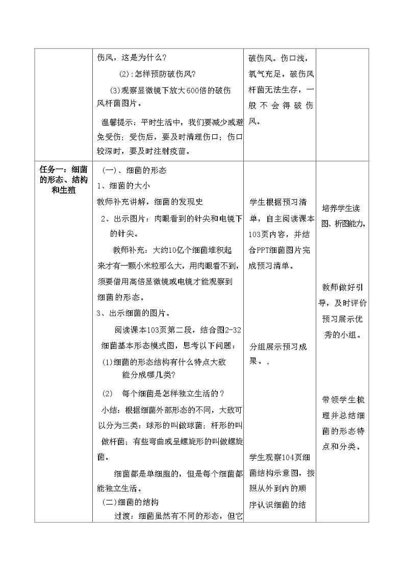 人教版生物七年级上册 2.3.2 细菌  教学设计 （表格式）（任务驱动式）第2页
