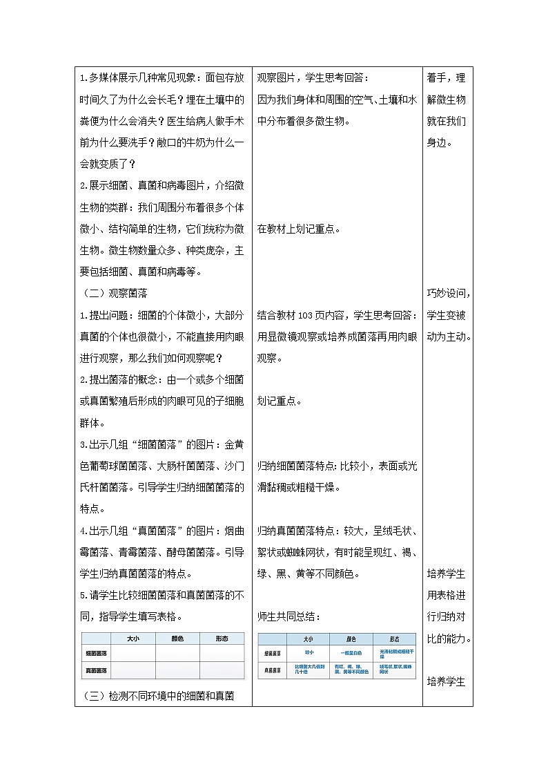 人教版生物七年级上册 2.3.1 微生物的分布 教案（表格式）第2页