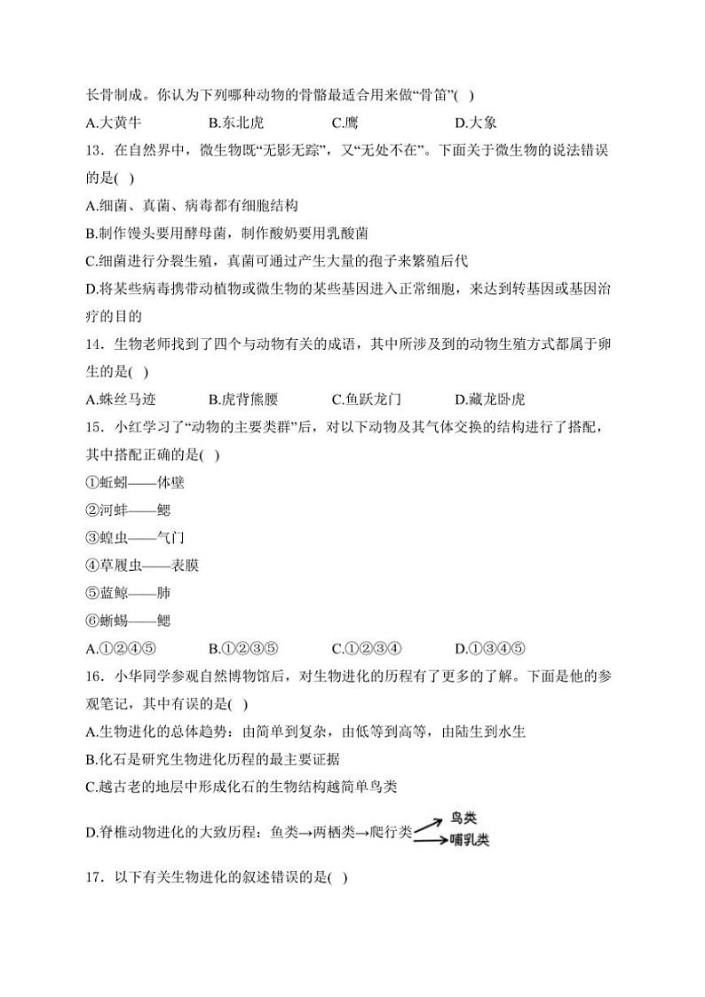 2024～2025学年河南省洛阳市偃师区八年级(上)期中生物试卷(含解析)第3页