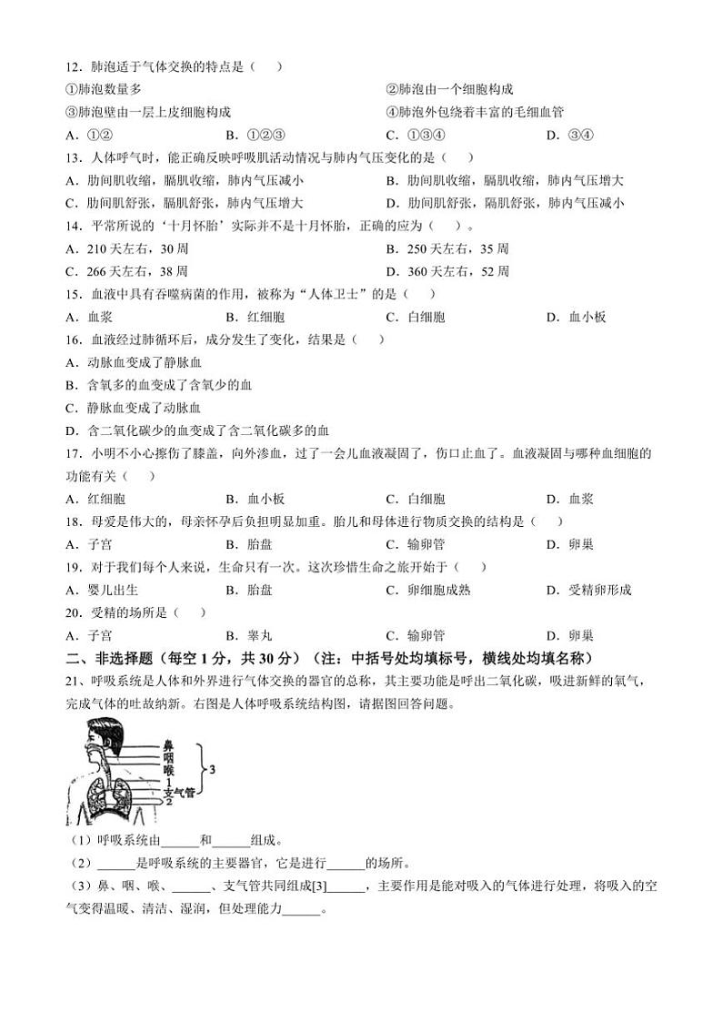 2024～2025学年黑龙江省哈尔滨市萧红中学八年级(上)11月月考生物试卷(含答案)第2页