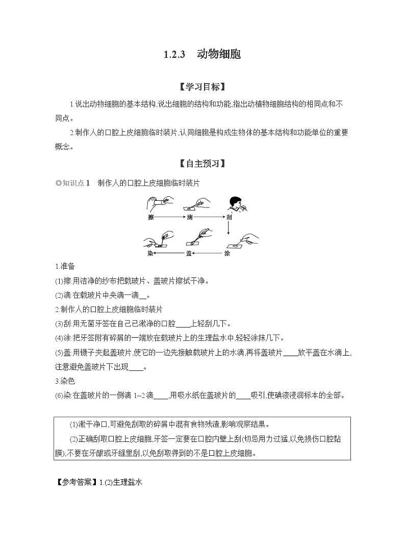 2024-2025学年人教版生物七年级上册 1.2.3　动物细胞  导学案第1页