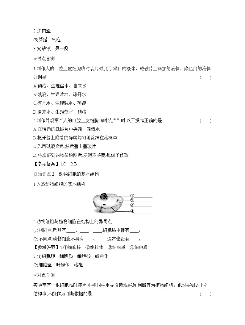 2024-2025学年人教版生物七年级上册 1.2.3　动物细胞  导学案第2页