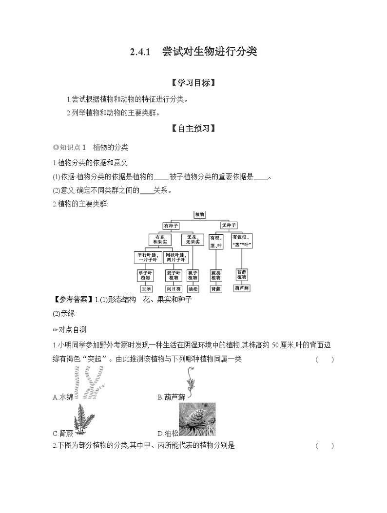 2024-2025学年人教版生物七年级上册 2.4.1　尝试对生物进行分类  导学案第1页