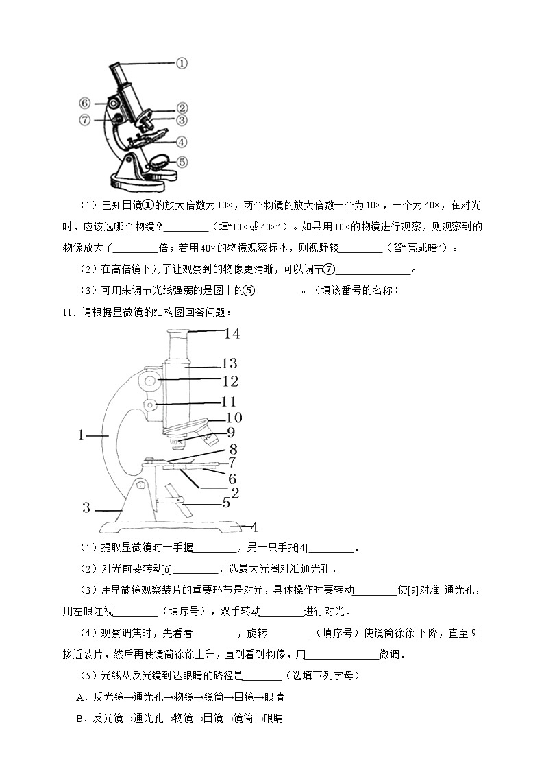2024-2025学年人教版生物七年级上册 1.2.1  学习使用显微镜（含答案）作业第3页