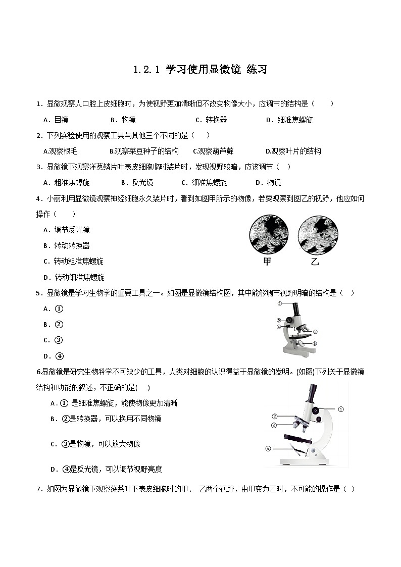 2024-2025学年人教版生物七年级上册 1.2.1 学习使用显微镜 练习第1页