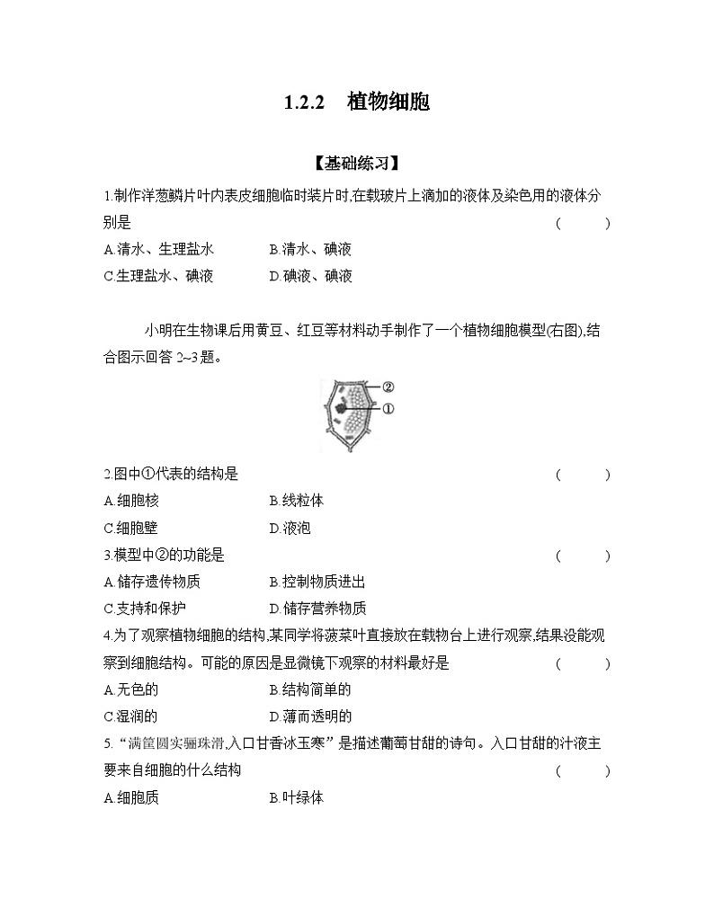 2024-2025学年人教版生物七年级上册 1.2.2　植物细胞  作业第1页