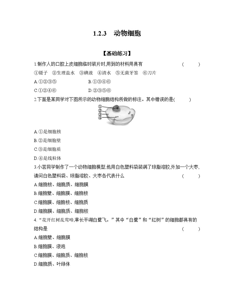 2024-2025学年人教版生物七年级上册 1.2.3　动物细胞  作业第1页