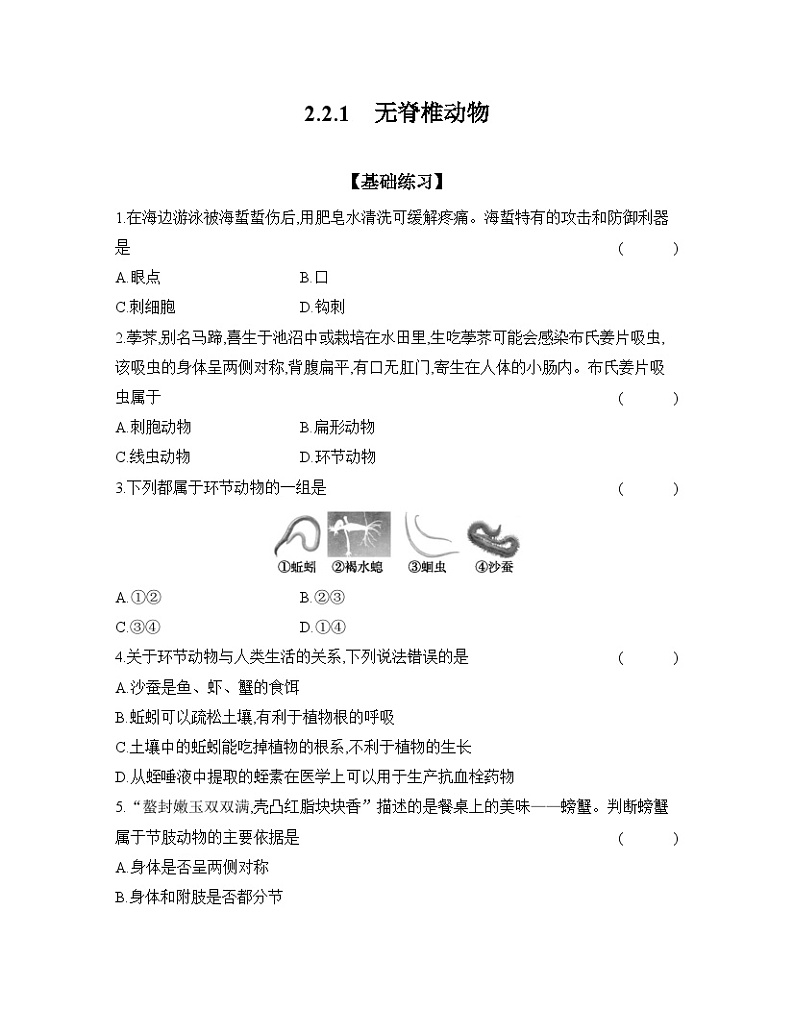 2024-2025学年人教版生物七年级上册 2.2.1　无脊椎动物  作业第1页