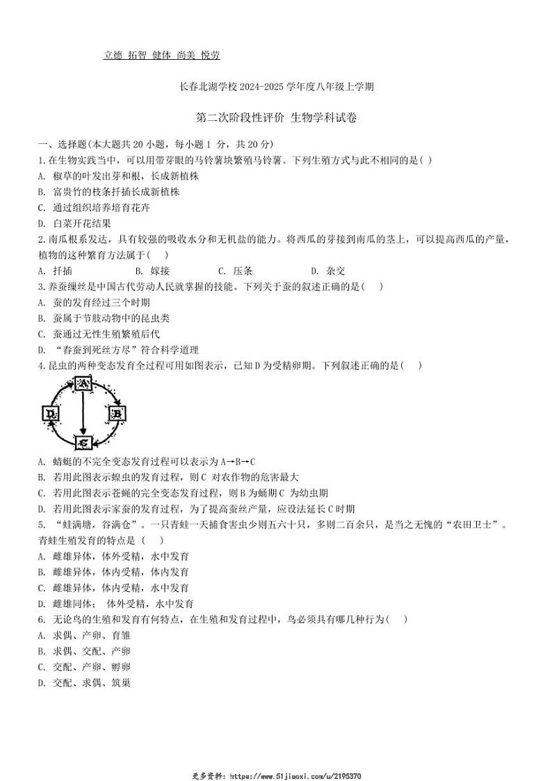 2024～2025学年吉林省长春市长春北湖学校八年级(上)第二次阶段性评价生物试卷(无答案)第1页