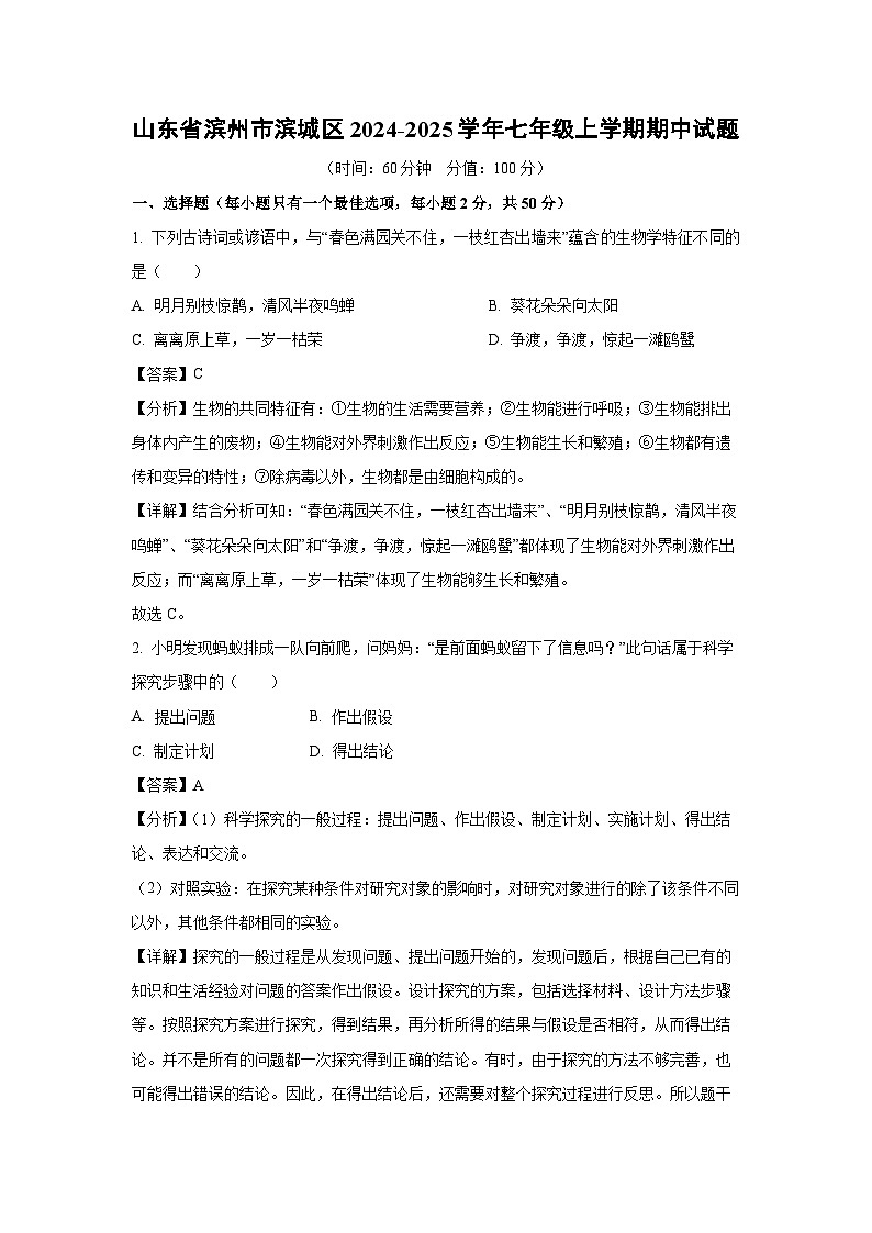 2024-2025学年山东省滨州市滨城区七年级(上)期中生物试卷(解析版)第1页