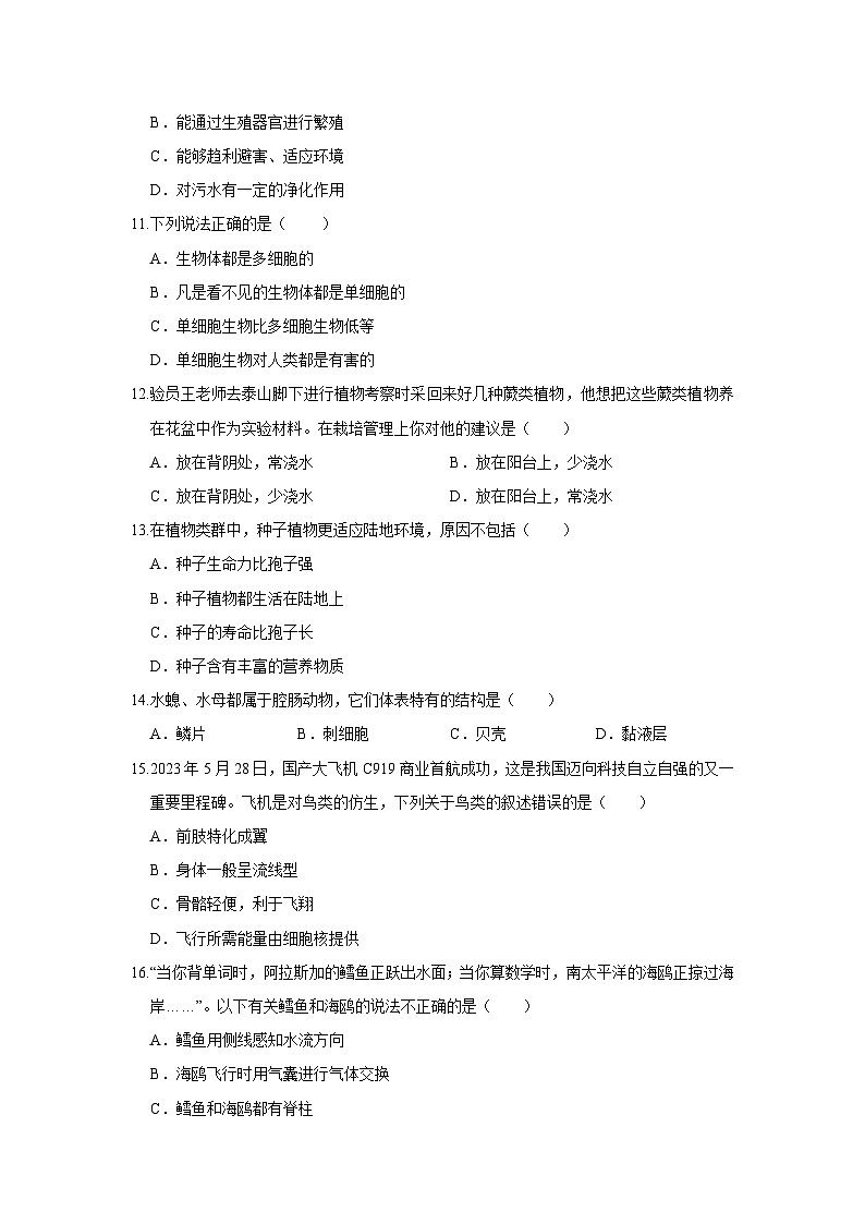 人教版（2024新版）七年级上册生物期末模拟试卷（含答案解析）第3页