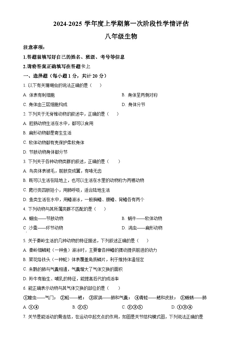 江西省九江市柴桑区2024-2025学年八年级上学期期中生物试题（原卷版）-A4第1页