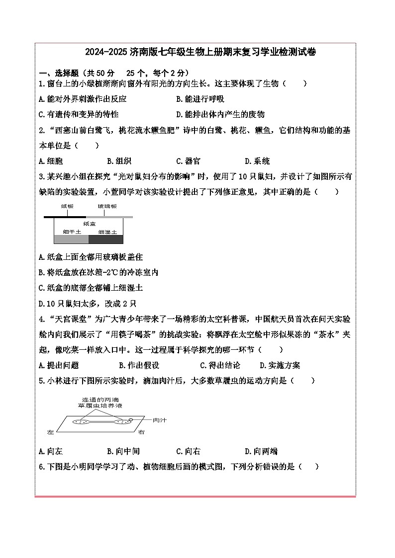 山东省德州市齐河县潘店镇中学2024-2025学年七年级上学期期末复习学业检测生物试卷-A4第1页