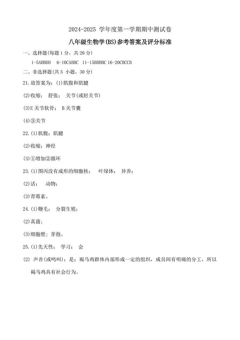 河南省新乡市卫辉市2024-2025学年八年级上学期期中生物学试题答案第1页