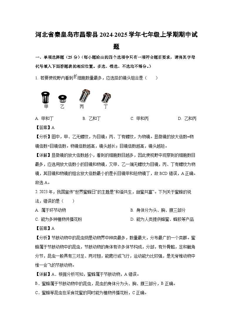 2024-2025学年河北省秦皇岛市昌黎县七年级(上)期中生物试卷(解析版)第1页