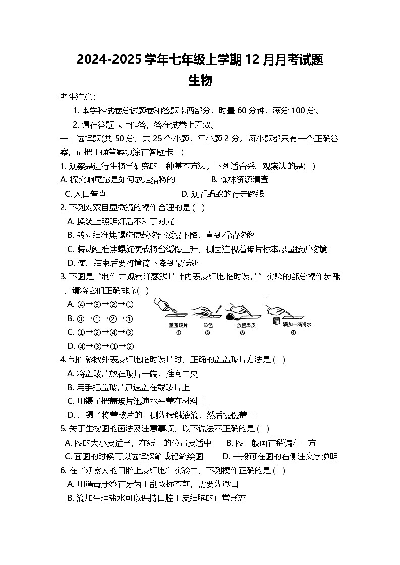 湖南省娄底市新化县2024-2025学年七年级上学期12月月考生物试题第1页