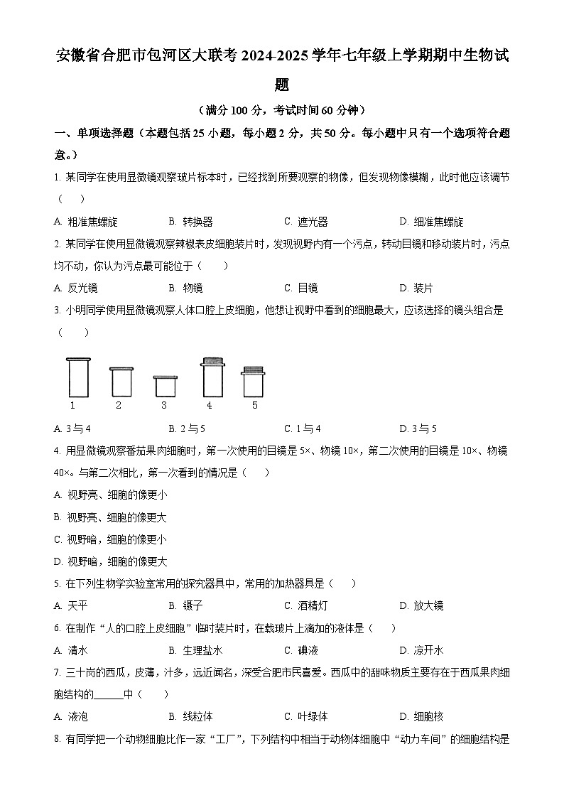 安徽省合肥市包河区大联考2024-2025学年七年级上学期期中生物试题（原卷版）-A4第1页