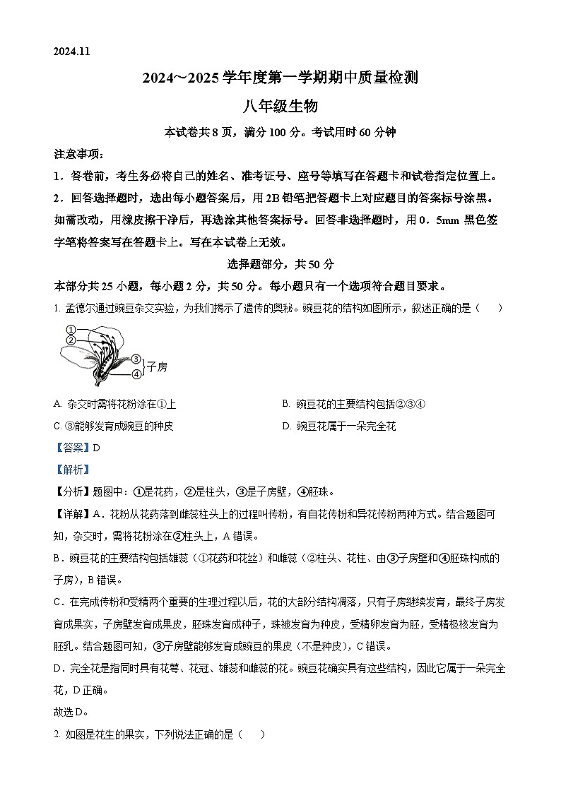 山东省济南市槐荫区2024-2025学年八年级上学期期中生物试题（解析版）-A4第1页