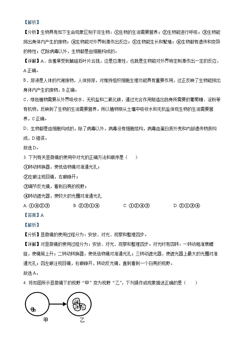 山东省青岛市青岛超银中学2024-2025学年七年级上学期期中生物学试题（解析版）-A4第2页