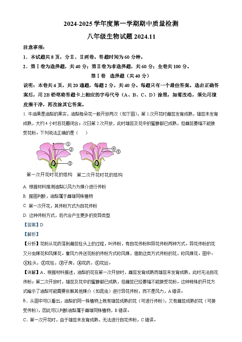 山东省潍坊市潍城区2024-2025学年八年级上学期期中生物试题（解析版）-A4第1页