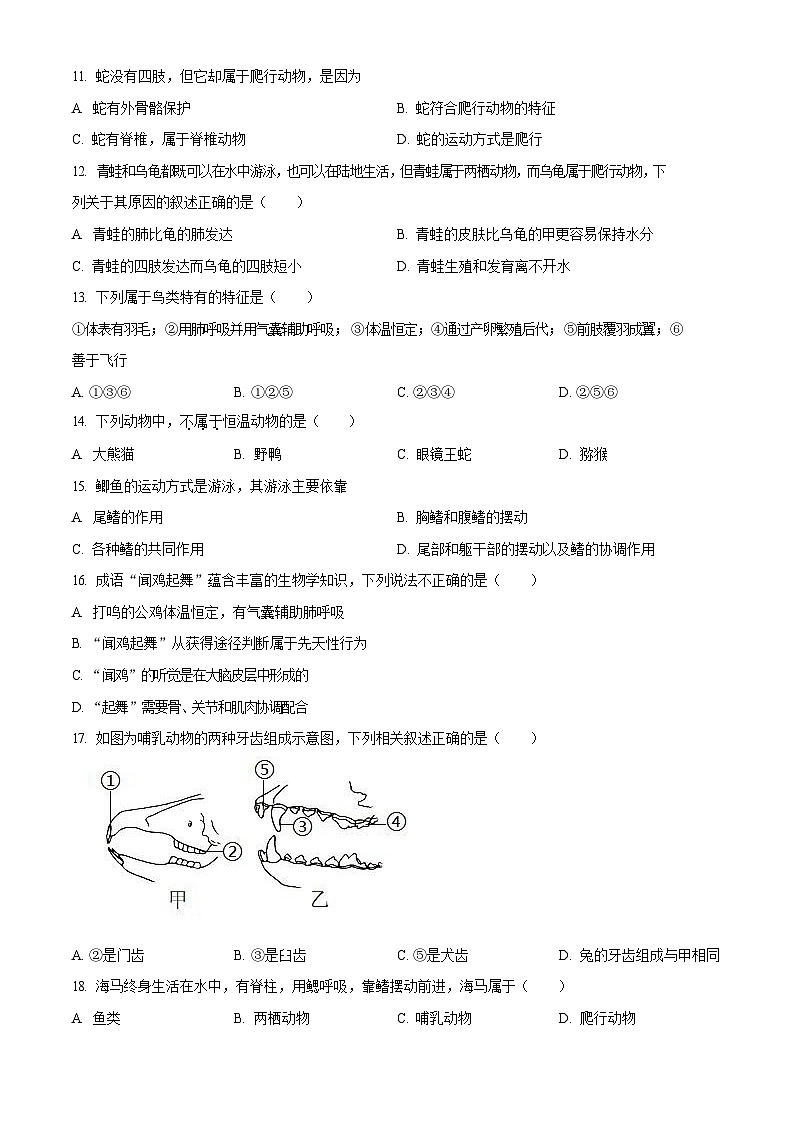 2022-2023学年广东省广州市天河中学初二年级上学期期末生物试题（含答案）第2页