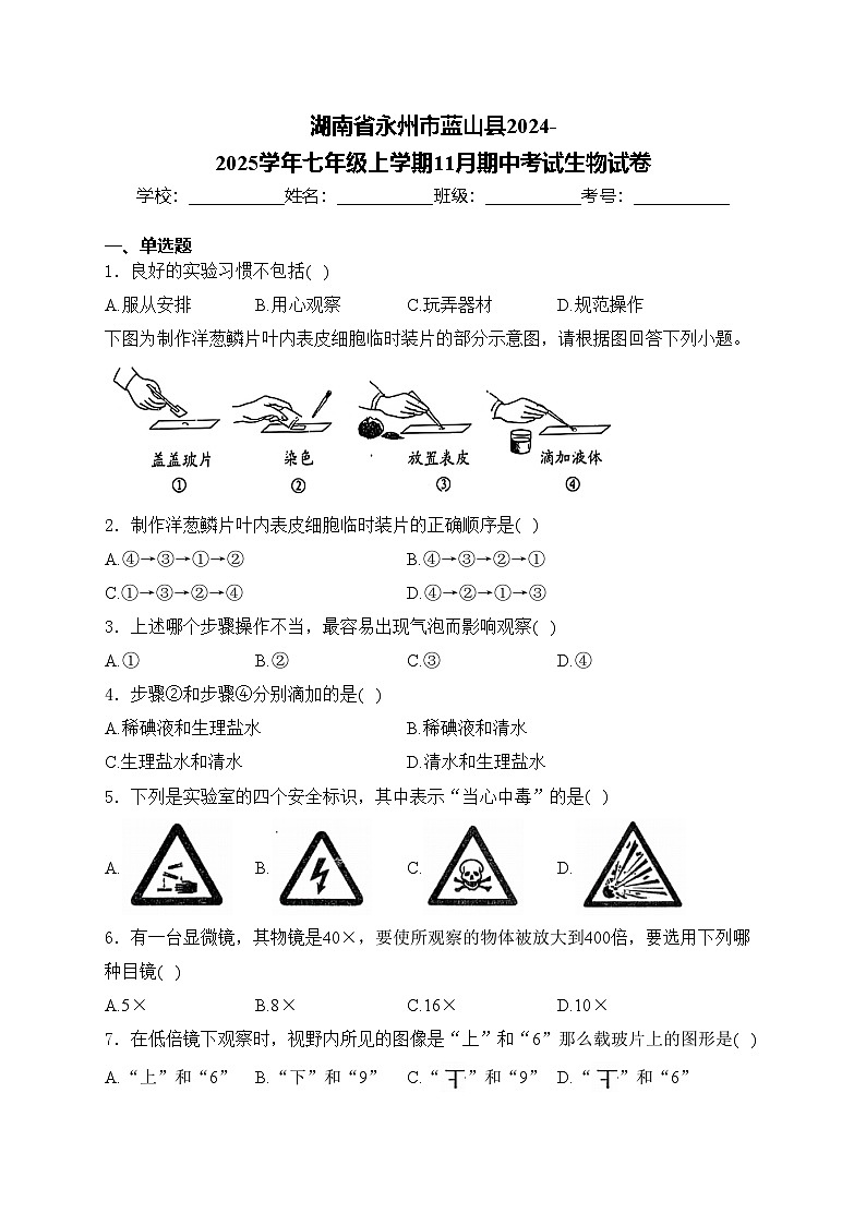 湖南省永州市蓝山县2024-2025学年七年级上学期11月期中考试生物试卷(含答案)第1页