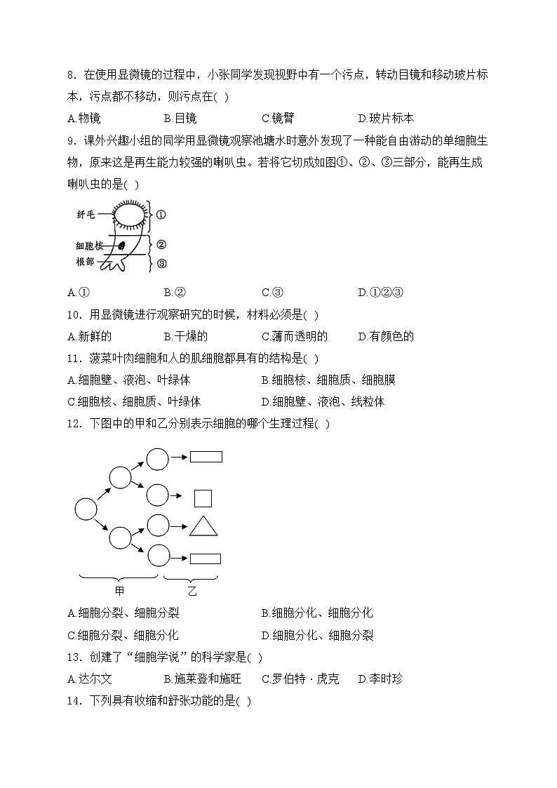 湖南省永州市蓝山县2024-2025学年七年级上学期11月期中考试生物试卷(含答案)第2页