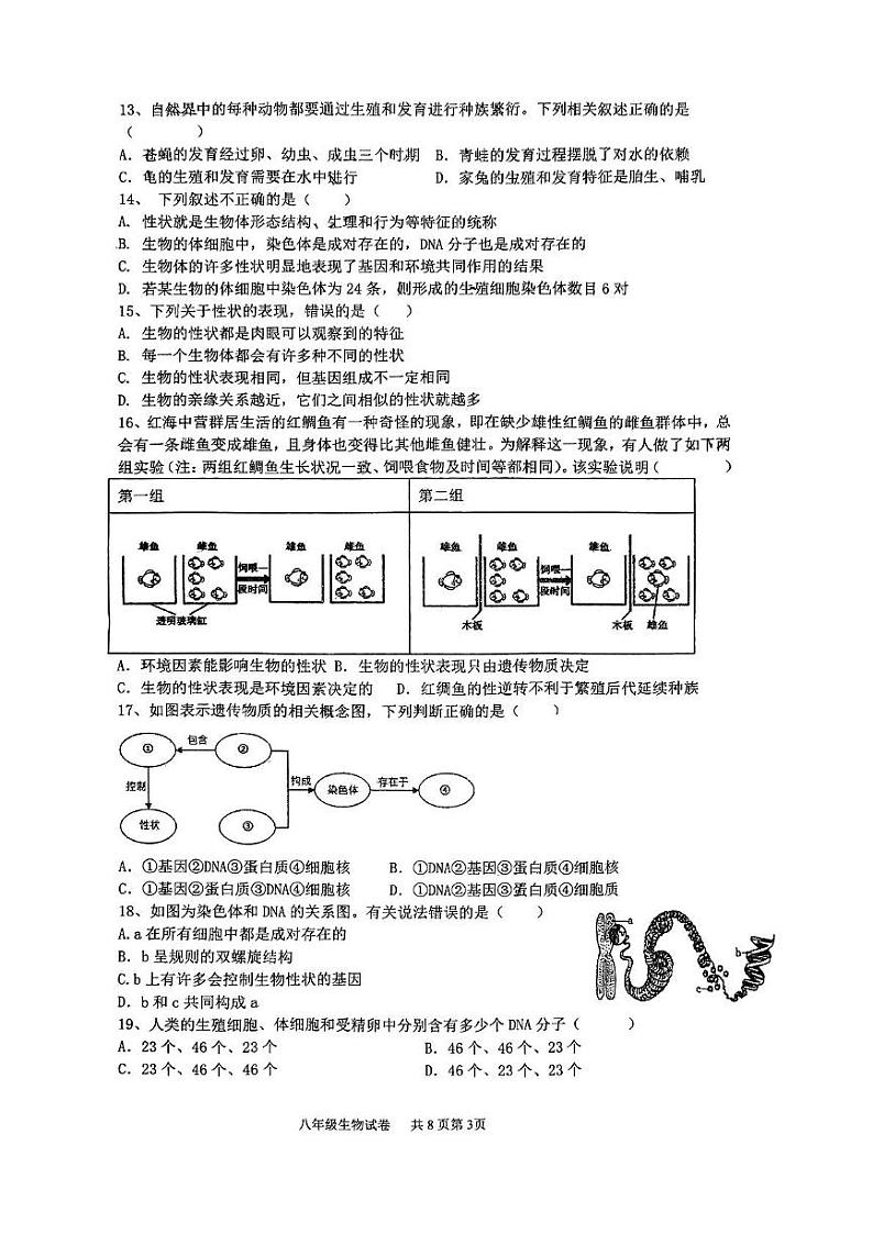 山东省蒙阴第三中学2024-2025学年八年级上学期12月月考生物试题第3页
