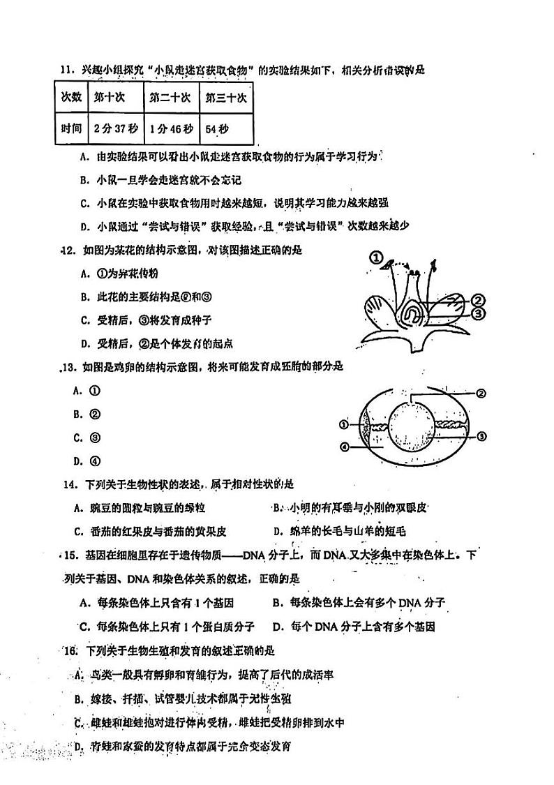 江苏省南通市启秀中学2024-2025学年八年级上学期12月月考生物试题第3页