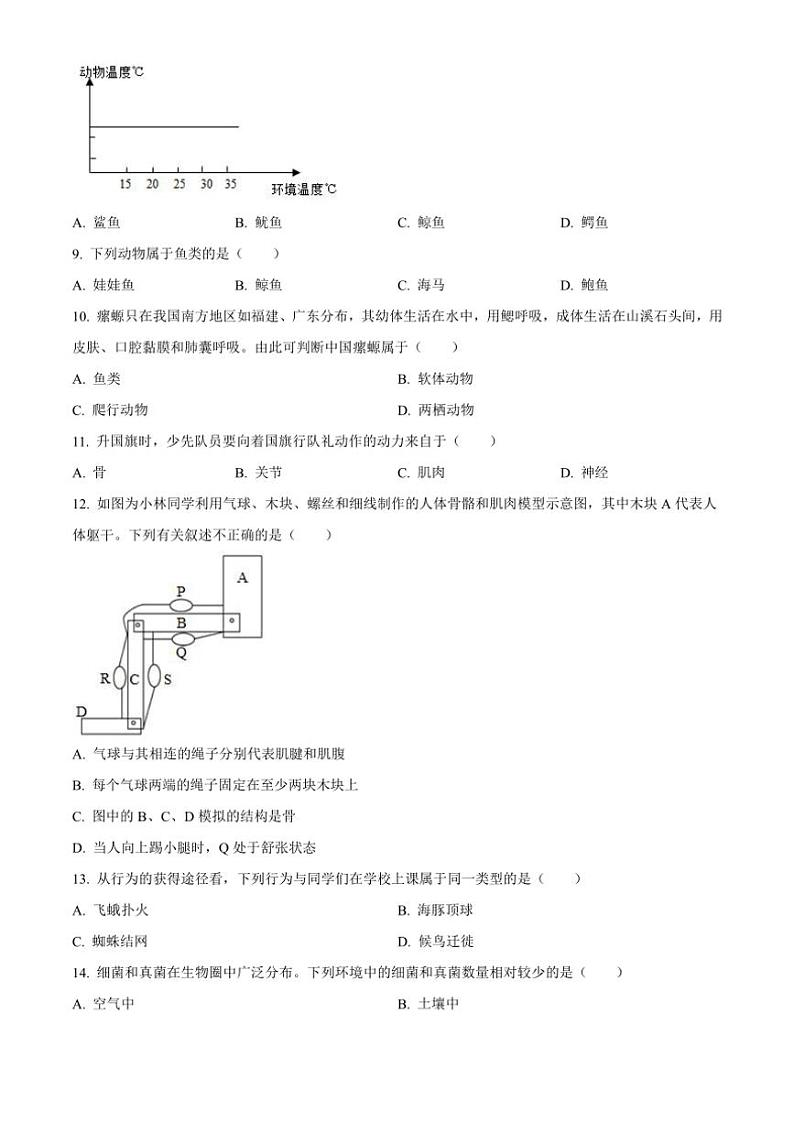 2024～2025学年福建省漳州市第三中学八年级(上)期中生物试卷(含答案)第2页