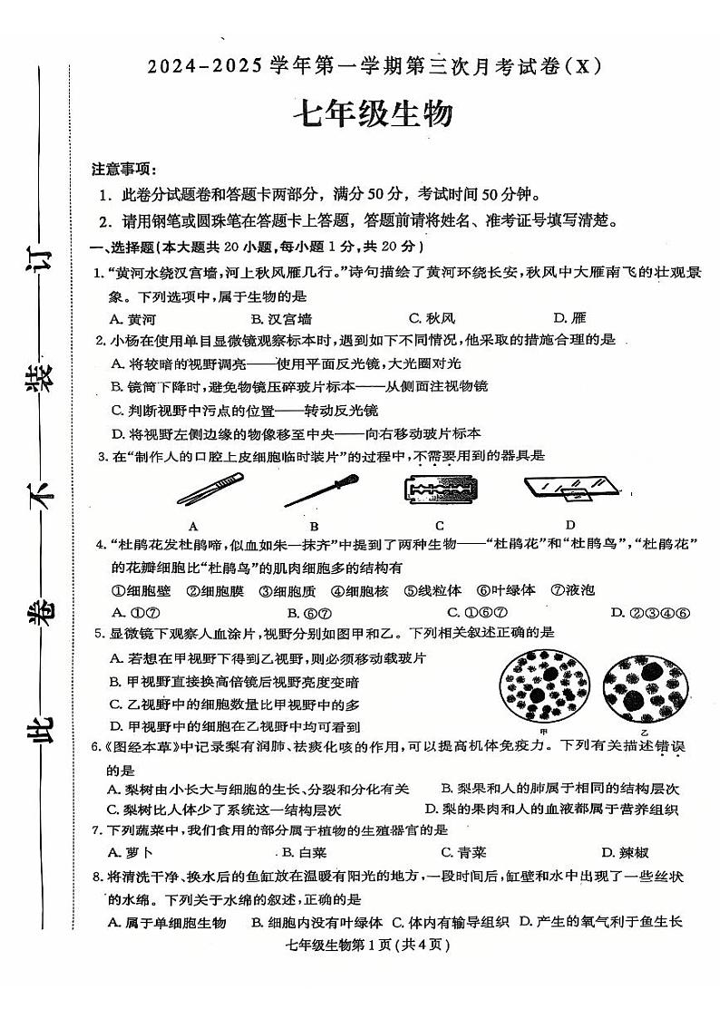 河南省周口市郸城名校联考2024-2025学年七年级上学期12月月考生物试题第1页