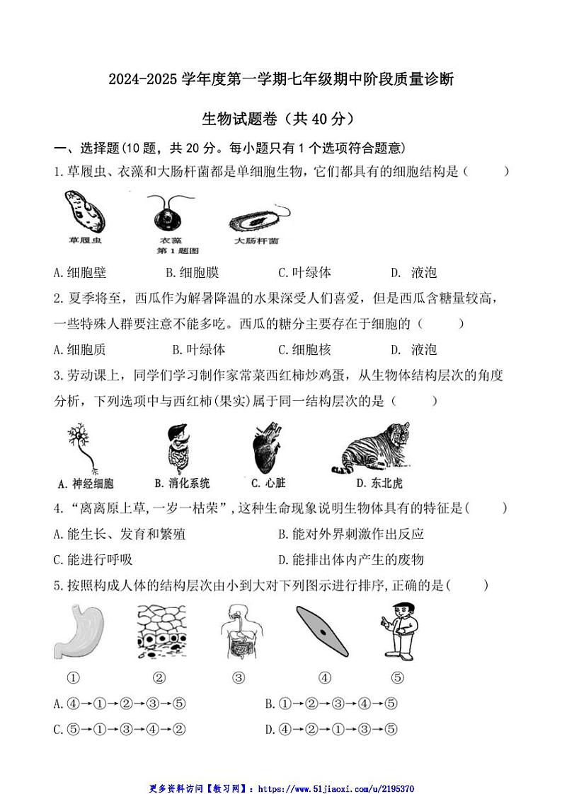2024～2025学年安徽省亳州市蒙城县七年级(上)期中阶段质量诊断生物试卷(含答案)第1页