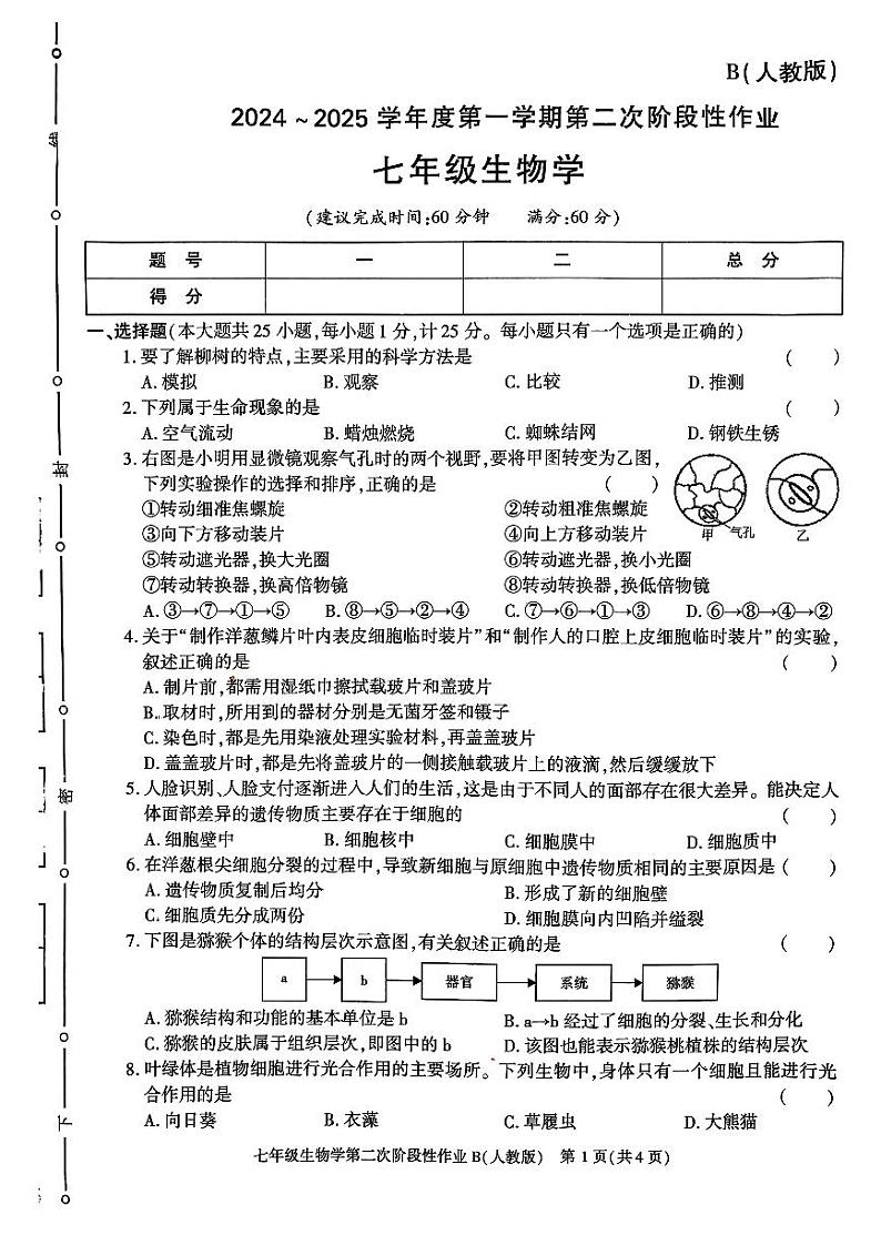 陕西省咸阳市秦都区金山学校2024-2025学年七年级上学期12月月考生物试题第1页