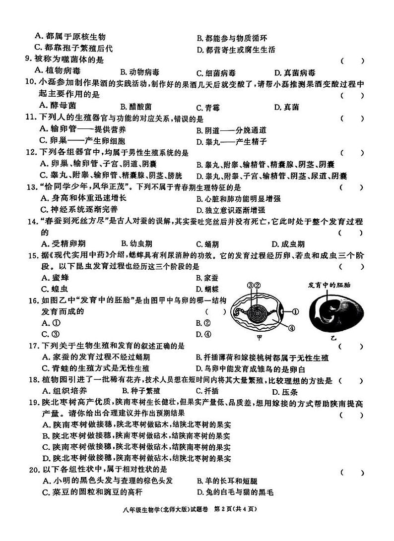 安徽省淮北市龙兴中学三校2024-025学年八年级上学期第三次月考生物试题第2页